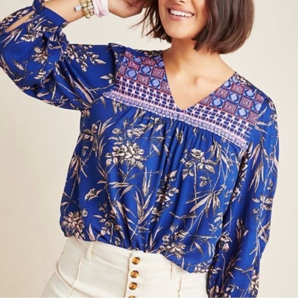 Anthropologie Floral Embroidered Peasant Blouse - L